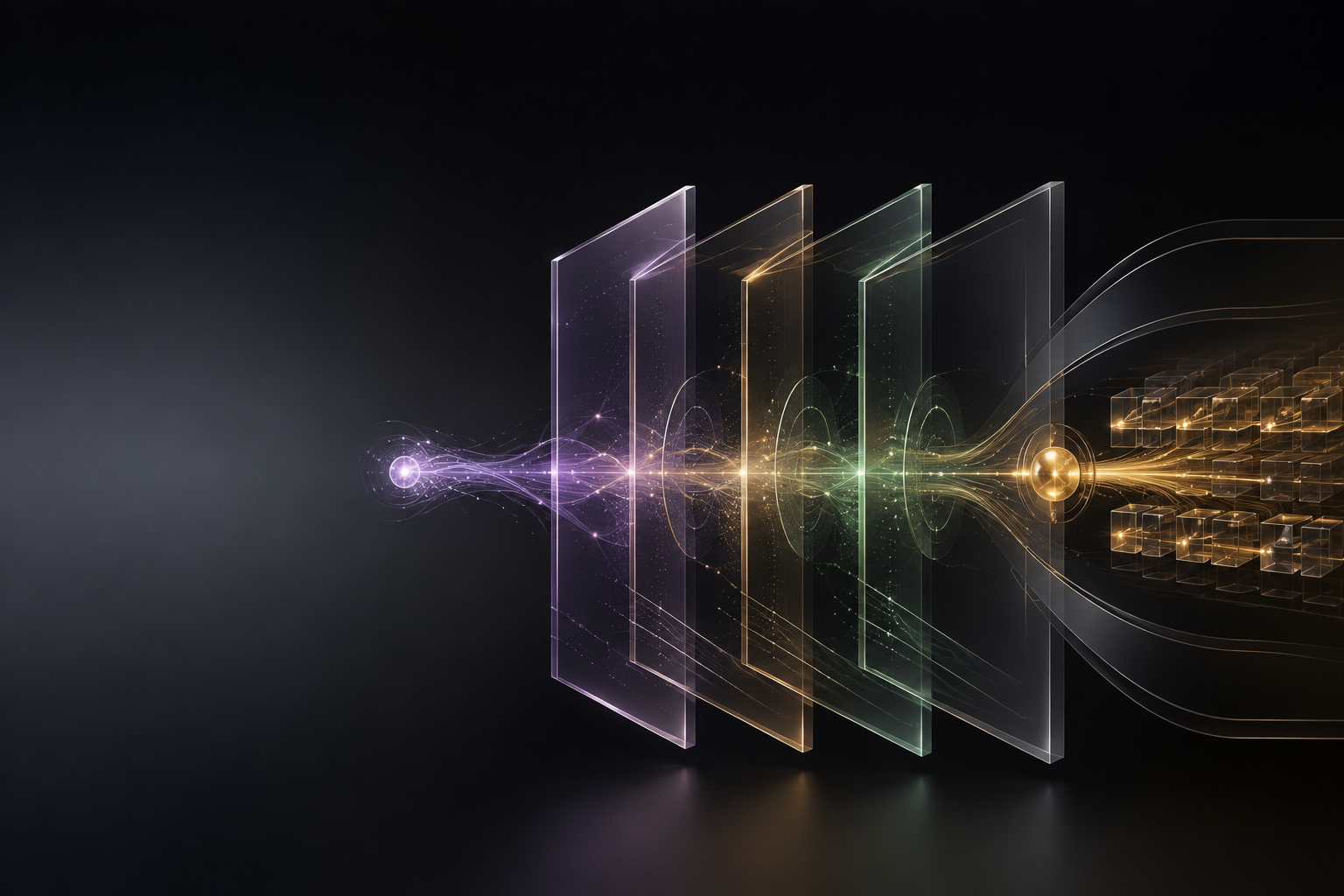 Luminous intelligence signal moving through governed boundary layers into a structured recorded state