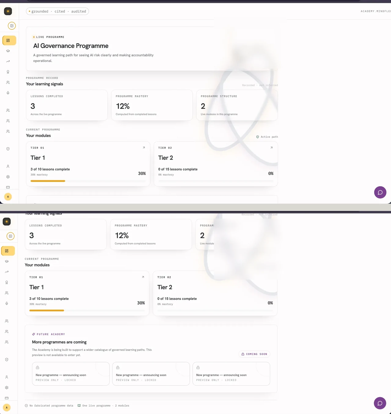 Authenticated MindFleet Academy dashboard showing programme signals and two-tier modules