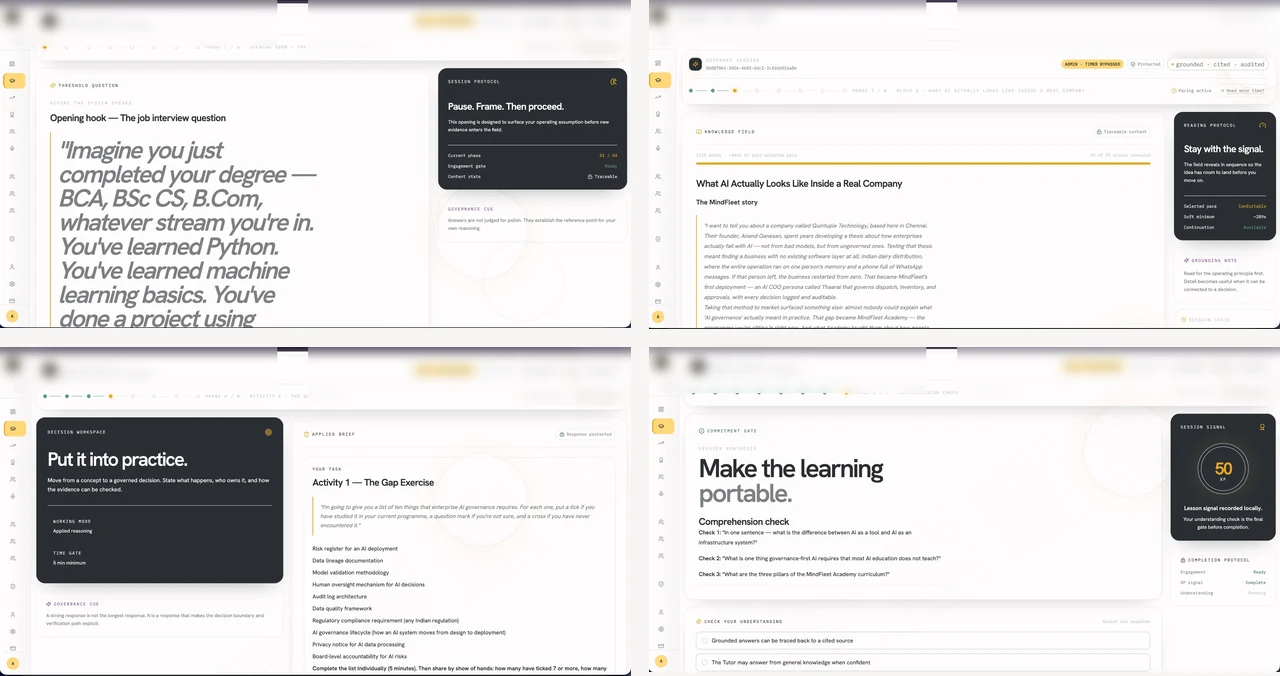 MindFleet Academy lesson walkthrough showing hook, knowledge, activity, and completion phases